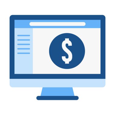 Çevrimiçi ödemeleri, dijital finansmanı ve ticari işlemleri temsil eden düz renkli bilgisayar dolar simgesi.