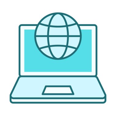 Küresel erişim, dünya çapında ağlar, internet hizmetleri ve çevrimiçi platformlar için uygun düz renkli bilgisayar dünyası simgesi.