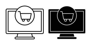 Ecommerce, satın alma ve çevrimiçi alışverişi temsil eden siyah bilgisayar alışveriş arabası simgesi paketi.