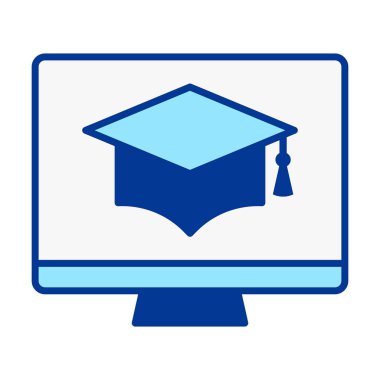 Eğitimi, öğrenme platformlarını ve akademik başarıyı temsil eden düz renkli bilgisayar mezuniyet başlığı simgesi.