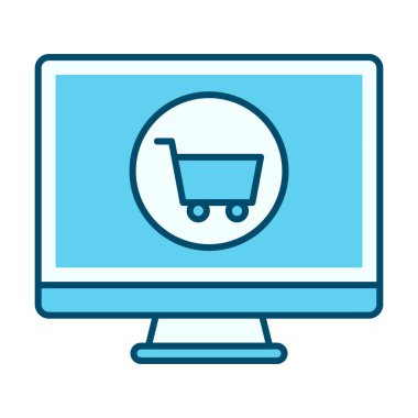 Ekommerans ve dijital alımı temsil eden düz renkli bilgisayar alışveriş arabası simgesi.