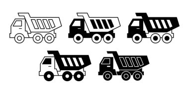 Black icon bundle illustrating dump trucks used for transporting construction materials and industrial site operations.
