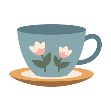 Narin çiçekler, hoş Cottagecore estetiği, klasik cazibe, tuhaf kırsal stil, bahar dekorasyonu için mükemmel ev dekorasyonu ve çiçek projeleri içeren mavi çiçekli çay fincanı çizimi.