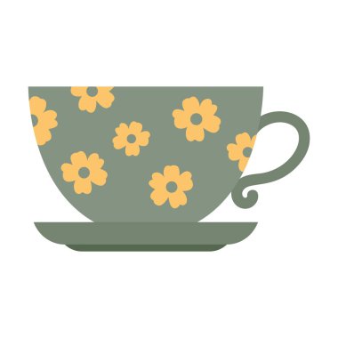 Elle çizilmiş klasik çay fincanı illüstrasyonunda hoş Cottagecore estetiği ve tuhaf kırsal klasik cazibesi mutfak dekorasyonu, çiçek projeleri ve minimalist iç mimari için ideal..