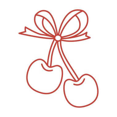 Bir çift kiraz, eğlenceli çizgi tarzında resmedilmiş, Sevgililer Günü teması için ideal, romantik yemek konseptleri, şirin ambalajlar, klasik marka ve kırsal mutfak görselleri..