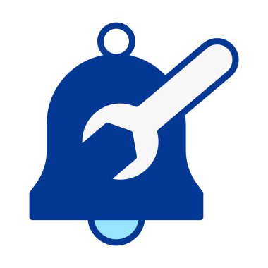 İngiliz anahtarı sembolü içeren düz renkli bildirim çanı, bakım uyarıları, tamir uyarıları, sistem araçları ve işlevsel dijital arayüz tasarımı için ideal.