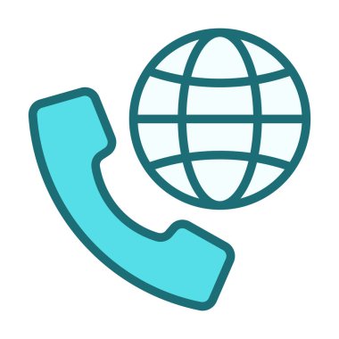 Düz renkli telefon çağrısı ikonu dünya çapında iletişimi, uluslararası bağlantıyı, küresel telekom hizmetlerini ve sınır ötesi iletişim sistemlerini temsil eden küresel iletişim sembolüyle birleştirildi.