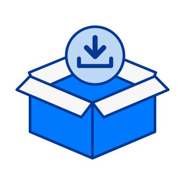 Sevkiyat veri alımını, lojistik raporlama erişimini ve ekommerce izleme bilgi sistemini temsil eden indirme sembolü içeren paket teslim kutusu içeren modern düz renkli simge.