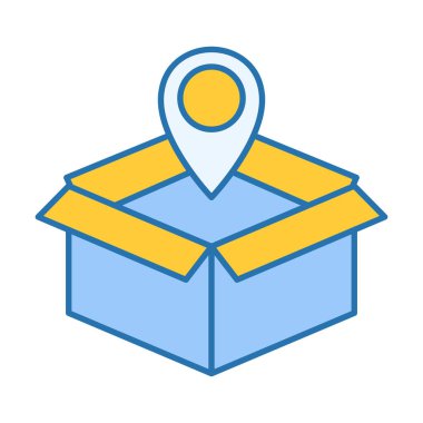 Gerçek zamanlı sevkiyat takibi, kurye rotası izleme ve lojistik haritalama servisini temsil eden, lojistik pin sembollü profesyonel paket dağıtım kutusu simgesi.