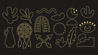 Karanlık arka planda göksel ve soyut motifler içeren mistik altın anahat sembollerinin zarif bir koleksiyonu. Ruhani markalaşma ve lüks tasarım temaları için ideal.