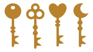 Antika koleksiyonu, sıcak altın tonlarda süslemeli anahtar siluetleri oluşturur. Miras markalaşması, logo kavramları ve dekoratif tasarım projeleri için uygundur..