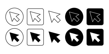 Navigasyon sistemleri, web sitesi etkileşimleri, tıklanabilir ögeler, dijital denetimler ve temiz ölçeklenebilir vuruş stiline sahip yazılım uygulamaları için imleç imleç imleç ana çizgisi simgesi seti oluşturuldu.