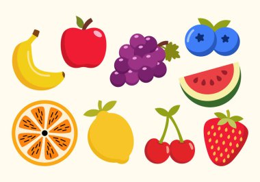 Muz, elma, üzüm, karpuz, turunçgil ve böğürtlen gibi parlak tropikal çeşitliliğe sahip renkli taze meyve koleksiyonu. Yiyecek markalaşması, sağlıklı yaşam tarzı kampanyaları ve menü tasarımı için mükemmel..