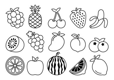 Çeşitli taze ürünlerin el çizimi simgelerini içeren siyah ve beyaz meyve koleksiyonu. Boyama sayfaları, eğitim çalışma kağıtları, ambalaj tasarımı ve markalaşma projeleri için elverişli.