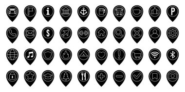 Cesur navigasyon ve konum işaretleyici sembolleri içeren sağlam harita simgesi koleksiyonu. Seyahat platformları, lojistik hizmetleri, dağıtım uygulamaları ve ilgili projeler için mükemmel..