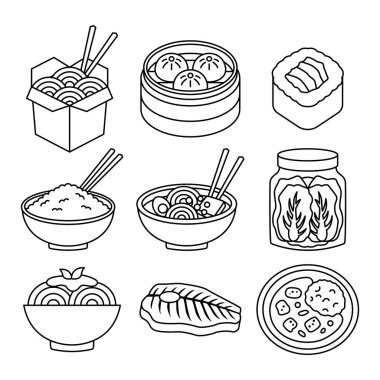Erişte, suşi, ramen, pirinç kasesi, hamur tatlısı ve geleneksel yemek serisi içeren temiz Asya yemek serisi ikonu seti. Restoran menüleri, aşçılık, ambalaj için mükemmel.