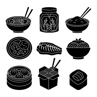 Suşi, ramen, hamur köftesi, erişte kasesi ve kalın silüet şeklinde geleneksel yemekler içeren koyu siyah Asya mutfağı ikonu koleksiyonu. Logolar, menü tahtaları, ambalaj, markalaşma materyalleri için ideal