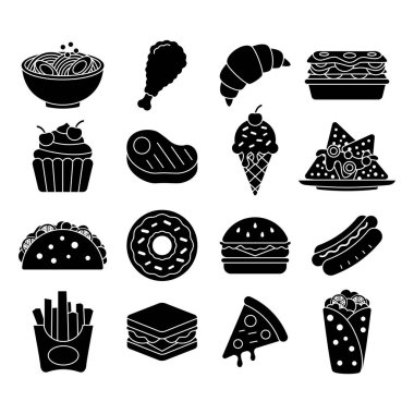 Restoran atıştırmalıkları, hamburgerler, pizza, tatlı ve içecek sembolleri içeren fast food katı ikon koleksiyonu. Gıda markalaşması, dağıtım hizmetleri, menü panoları ve mutfak promosyonları için uygun.