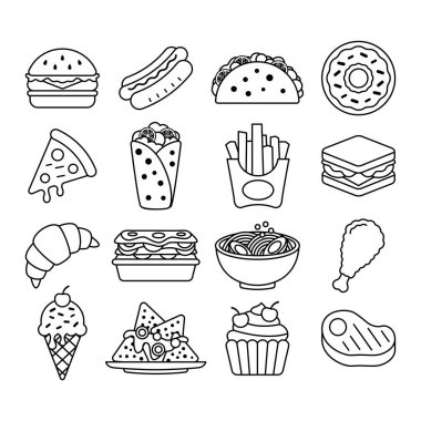 Atıştırmalık yemekler, hamburger, pizza, tatlı ve restoran sembollerini içeren fast food ana hatları ikonu koleksiyonu. Menü tasarımı, yemek uygulamaları ve mutfak markalaşma projeleri için mükemmel..