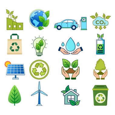 Yenilenebilir kaynaklar, geri dönüşüm sistemleri, yeşil teknoloji ve sürdürülebilirlik sembollerinin yer aldığı renkli çevre dostu enerji ikonu koleksiyonu. Çevre eğitimi ve iklim farkındalığı için mükemmel.