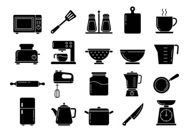 Katı siyah mutfak aletleri silueti simgesi seti blender fırın tenceresi ısıtıcısı mikrodalga fırın ve yemek pişirme restoranı menüleri ve yemek endüstrisi için ideal yemek malzemeleri içerir..