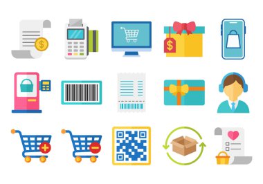 Çevrimiçi alışveriş ikonu koleksiyonu dijital ödeme barkod arabasını gösteriyor paket teslimatı ve perakende satış sembolleri ekommerce web siteleri fintech platformları ve pazar yeri promosyonları için mükemmel