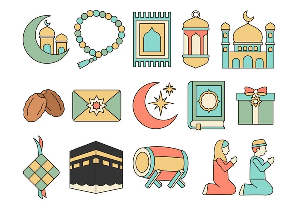 Kapsamlı Ramazan temalı ikon koleksiyonunda cami feneri duası boncukları hilal ay hediye davulu ve dini etkinlikler için uygun İslami kültürel semboller tasarım ve terfiler yer alıyor..