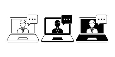 Hoparlörlerin çevrimiçi izleyicilerle etkileşime girdiği Webinar oturumunu temsil eden en küçük çizgi ve koyu siyah simge. Dijital eğitimi, uzaktan iletişimi ve profesyonel öğrenme ortamını resmediyor.