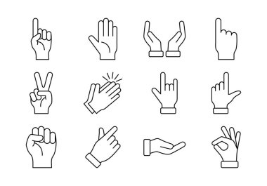 Parmak işaretleri, iletişim sinyalleri ve mesajlaşma platformları sunumları ve dijital iletişim materyalleri için uygun insan etkileşimi sembolleri içeren kapsamlı el hareketi ikonu koleksiyonu.