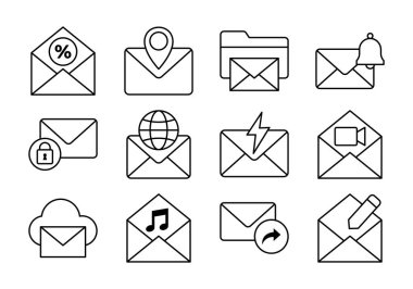E- posta iletişim hizmetlerini temsil eden satır simgeleri, gelen mesajlaşma bildirimleri, dijital posta iletim sistemleri ve çevrimiçi yazışma platformları dahil.