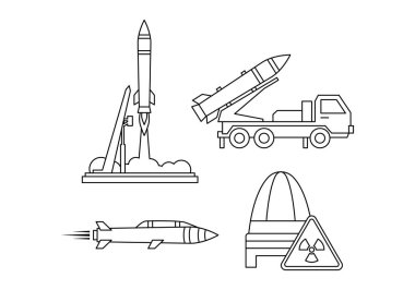 Roket fırlatma, jet uçakları ve savunma sistemlerini, havacılık teknolojisini ve modern uzay ekipmanlarını temsil eden askeri taşıma araçlarının toplanması.