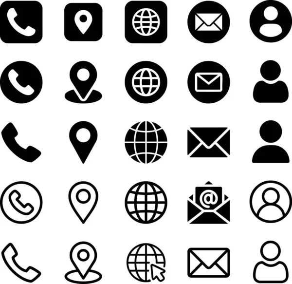 İletişim, konum ve kullanıcı profilleri için anahtar semboller içeren çok yönlü bir dijital simge koleksiyonu