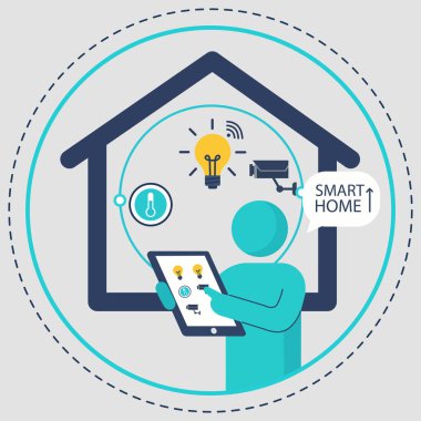 Bir tablet ile akıllı ev aygıtlarını kontrol eden soyut bir karakter, ev otomasyonunu ve IoT 'u betimliyor