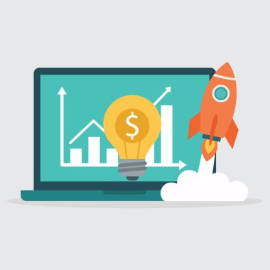 Laptop ve Büyüme Çizelgesi ile Çevrimiçi İş Stratejisinin Düz 2D Vektör İllüstrasyonu