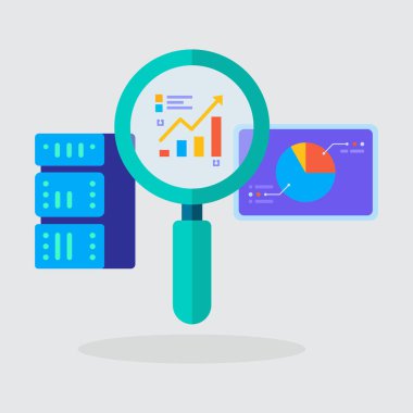 Büyüteç ve Grafiklerle Dijital Veri Analizinin Düz 2D Vektör İllüstrasyonu