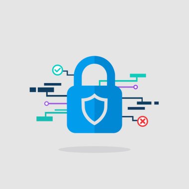 Asma kilit ve Kalkanla Veri Güvenliği ve Gizliliğinin Saf Düz 2D Vektör İllüstrasyonu