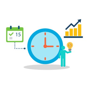 Saf Düz Düz 2D Üretkenlik ve Saat ve Takvimle Zaman Yönetimi İllüstrasyonu