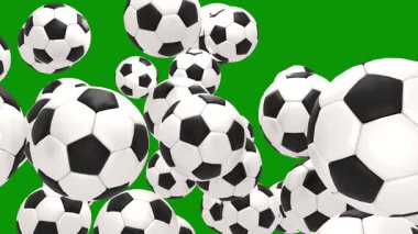 Yeşil arka planda futbol topları ve çimenler.