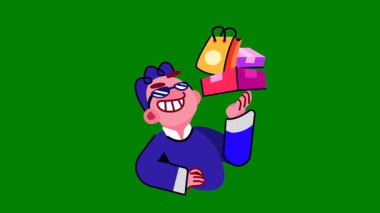 Gülümseyen adam elinde hediye kutusu vektörü tutuyor.