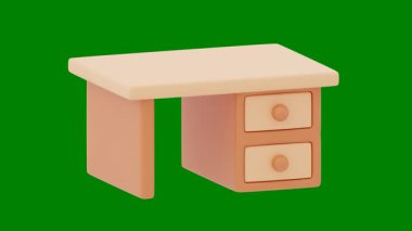 Üç boyutlu yeşil ahşap masa, beyaz bir duvar ve arka planda yeşil bir bitki..