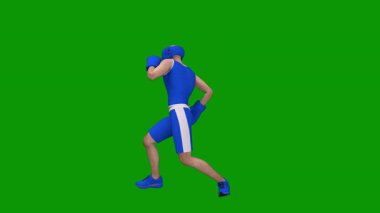 Mavi spor kıyafetli erkek sporcu yeşil arka planda egzersiz yapıyor..