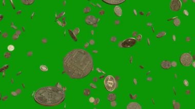 Yeşil arkaplanda bitcoin ve madeni paralar