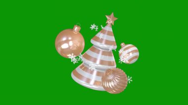 Yeni yıl kompozisyonu bir noel ağacı ve yeşil arka planda bir balo, noel ağacı ve süslemeler, yeni yıl konsepti, 3 boyutlu canlandırma