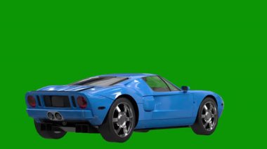 Mavi arka planda izole edilmiş yeşil bir arabanın 3 boyutlu görüntüsü