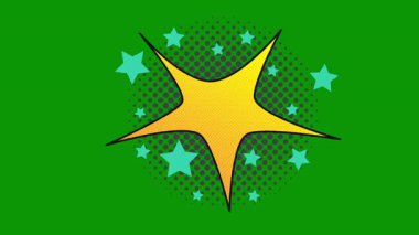 Yıldız işareti çizimi. Vektör. Siyah gölgeli yeşil simge ve popart ve boyutta sarı arkaplan.