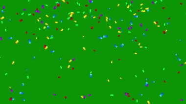 Yeşil arka planda konfeti konfetisi. Renkli, parlak, dökülen doku. Renkli şenlik partisi. Parlak Noel kartı şablonu. Mutlu yıllar..