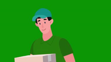 Laptoplu yeşil üniformalı bir adam. vektör illüstrasyonu.