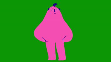 Sevimli çizgi film karakteri. Büyük gözlü, soyut bir kadının resmi. Vektör illüstrasyonu yeşil arkaplanda izole edildi