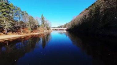 Quebec, Kanada 'dan gelen hava manzarası: güneşli bir günde açık mavi gökyüzünün altında nehir, yollar ve ormanla kaplı dağ vadisi.