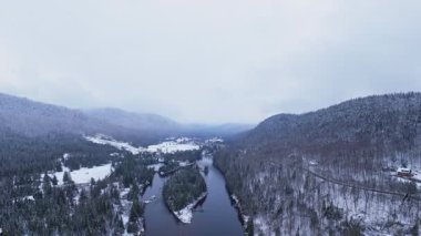 Drone sinemanın altında soğuk bir kış nehri akan karlı dağ ormanları üzerinde uçuyor..